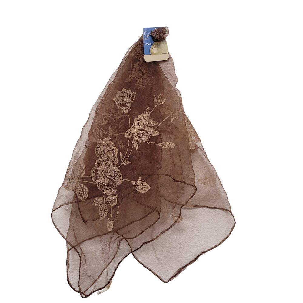 Vintage Brown Sheer Floral Scarf Embroidered Rose Organza Cottagecore Romantic